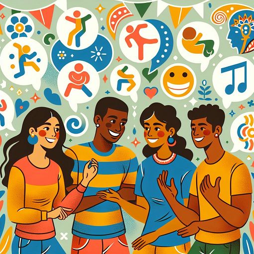 Create a vibrant and fun graphic featuring a group of friends engaging in a light-hearted discussion, with whimsical decorations reflecting various fun categories like dance, friendship, and humor.