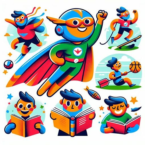 A colorful and playful illustration of a cartoon character named Edison engaging in various fun activities like flying, playing sports, reading books, and pretending to be a superhero.