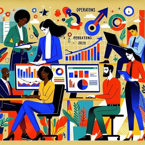 A vibrant and engaging illustration depicting a team of diverse professionals collaborating in an office environment with elements representing the NSR OPS 2020 project, such as charts, computers, and teamwork visuals.