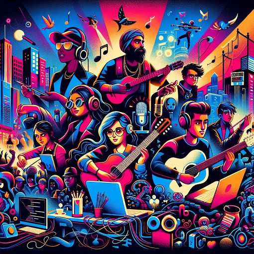 A colorful and whimsical digital illustration of a vibrant online community, featuring characters representing different aspects of web culture like music, gaming, and art, set against a backdrop of a futuristic cityscape with neon lights.