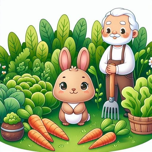 A whimsical illustration of Peter Rabbit in a garden, surrounded by various vegetables and a menacing Mr. McGregor with a rake in hand.