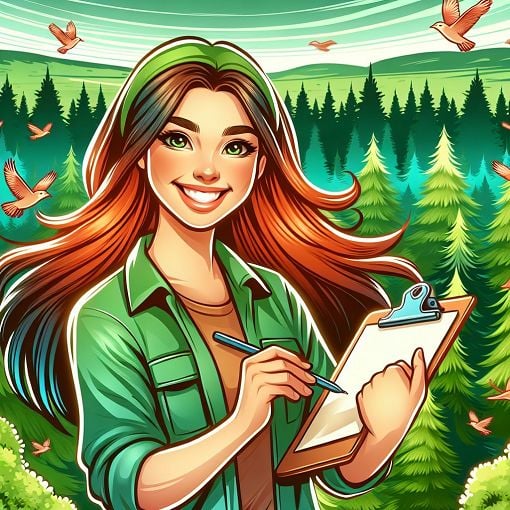 A colorful and engaging illustration of a young woman (Yael Ilmer) involved in environmental activities, surrounded by nature, trees, and wildlife. She is smiling and holding a clipboard, symbolizing environmental advocacy and community involvement.