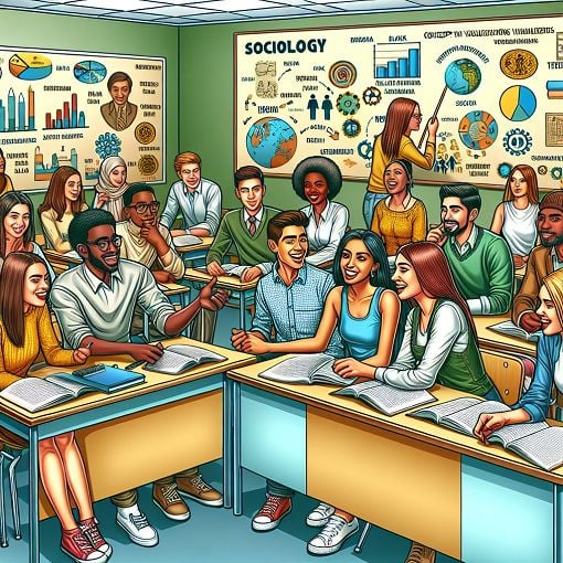 Create a vibrant and engaging illustration showing students discussing social issues in a diverse classroom setting, with elements like charts and graphs illustrating sociology concepts.