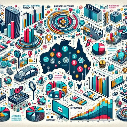 A detailed infographic showing various business accounts and banking features, with an Australian financial context, showcasing graphs and icons related to account management, interest rates, and digital banking.