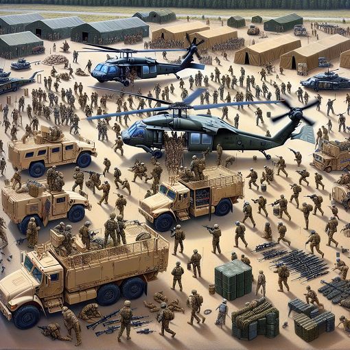 A military-themed illustrated scene featuring various vehicles like armored cars, helicopters, and soldiers in a training environment.