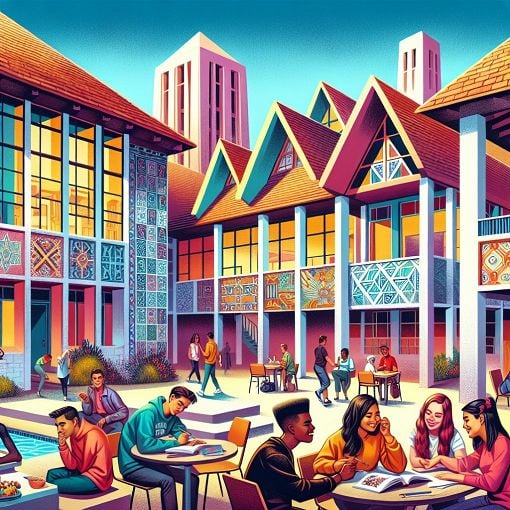 A colorful illustration depicting various architectural elements, including triangles, courtyards, and mid-century modern buildings, with students engaging in friendly discussions and activities.