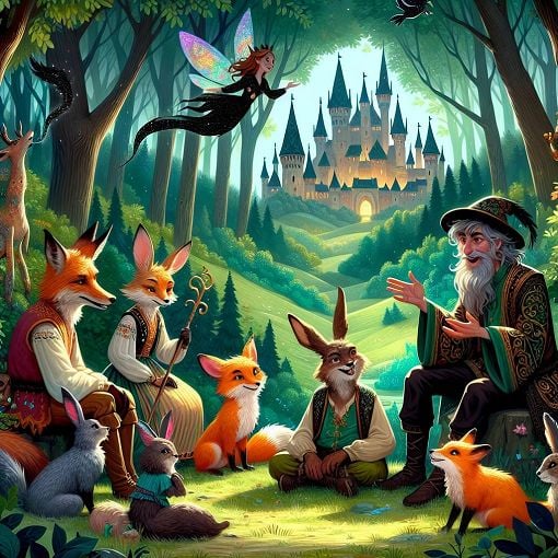 Create an enchanting and whimsical illustration featuring various Hungarian fairy tale characters interacting in a magical forest. Include elements like talking animals, fairies, and a mysterious castle in the background.