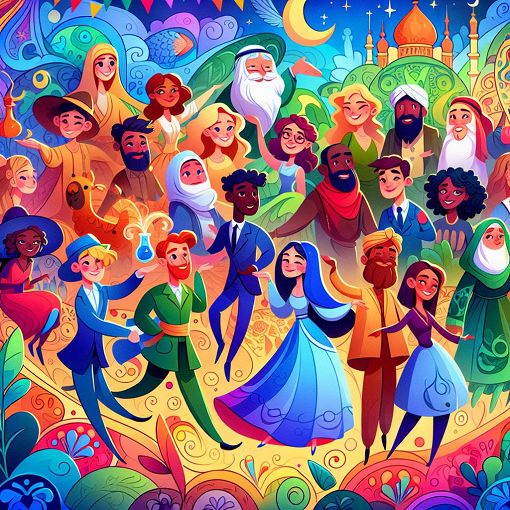 A colorful and vibrant illustration of characters from a whimsical animated world resembling Mi Vida Loca, featuring diverse individuals in playful scenarios, with elements of magic and fantasy in the background.