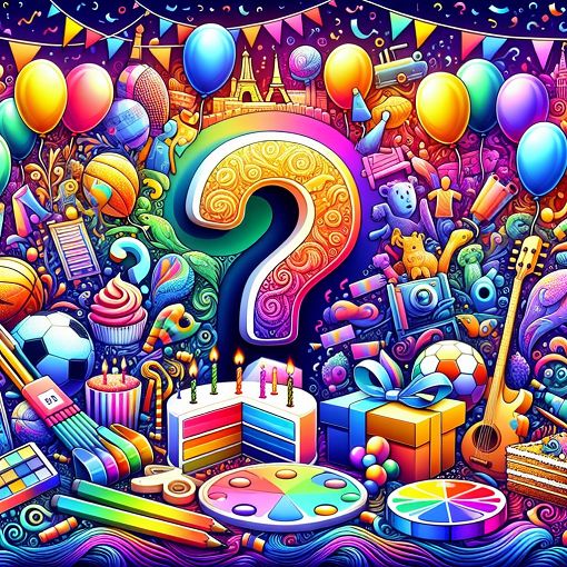 A colorful and engaging illustration of a quiz-themed background, featuring birthday decorations, colorful question marks, and elements representing personal preferences like colors, sports, and travel destinations.