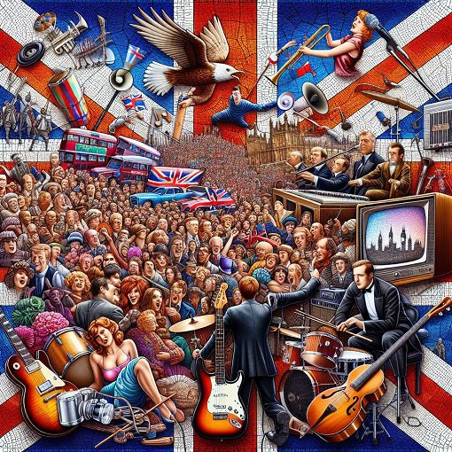 A colorful collage of iconic UK cultural elements including a music festival scene, a famous comedian performing, a classical composer, and a well-known TV show, all against a vibrant backdrop of the UK flag.