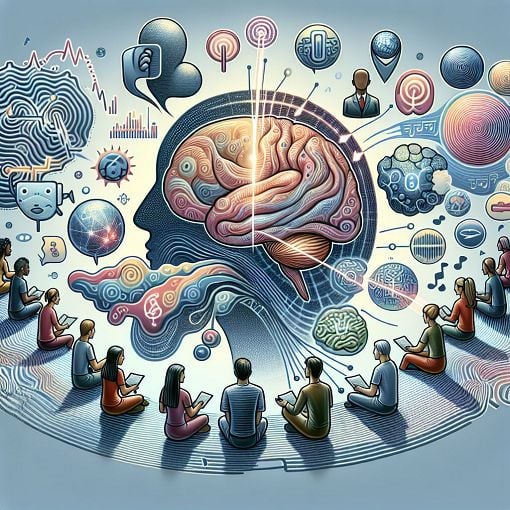 A conceptual illustration of language acquisition featuring abstract representations of interlanguage systems, brain activity during learning, and diverse learners interacting with language elements.