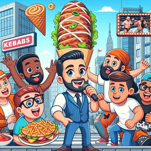 A vivid illustration of a humorous adventure featuring a character named Giorgio, surrounded by friends and funny scenarios in a bustling cityscape, with elements like kebabs, video games, and wrestling memorabilia in a cartoonish style.