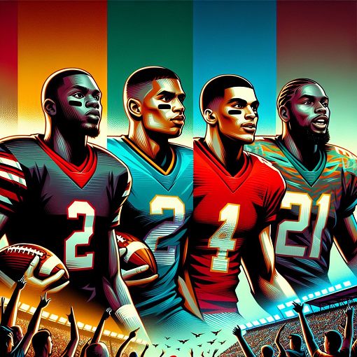 A vibrant illustration of famous football players with their nicknames in stylized text, showcasing a football stadium background.