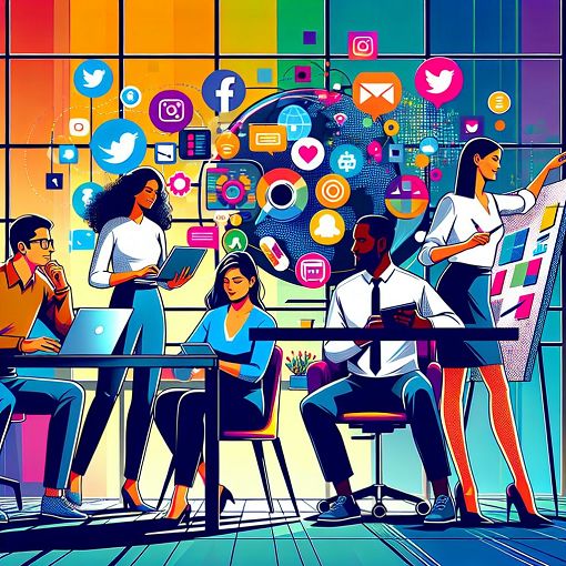 A vibrant and engaging illustration depicting professionals using various social media platforms in a workplace setting, showing collaboration and productivity, digital art, colorful, modern style