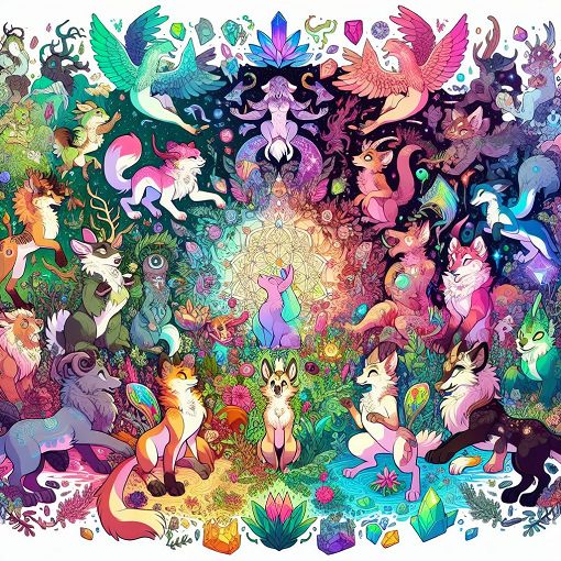 Create a colorful, whimsical illustration of various furry characters representing different personalities and aesthetics, including elements like crystals, nature, and fantasy themes.