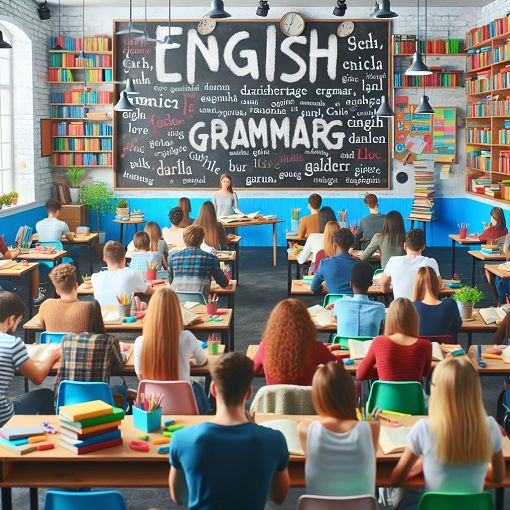 Create an image of a cheerful classroom with students actively engaging in a grammar quiz, with a focus on English language books and a chalkboard. Bright colors and a positive learning atmosphere.