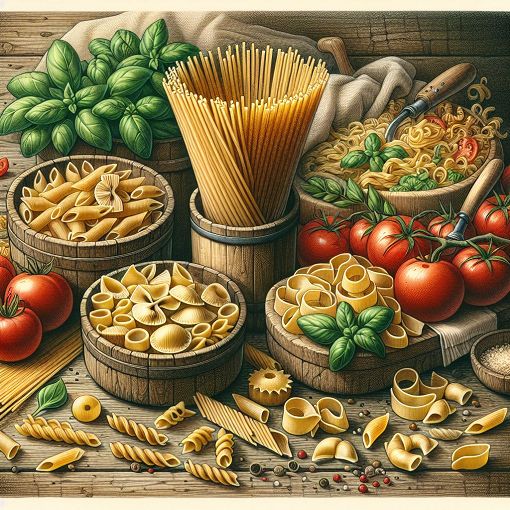 Generate an illustration of various pasta shapes such as spaghetti, penne, ravioli, and fusilli artfully arranged on a rustic wooden table, with fresh ingredients like tomatoes and basil in the background.