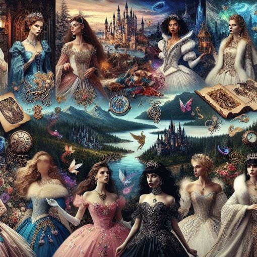 A vibrant collage featuring Disney princesses, magical landscapes, and whimsical elements, capturing the essence of female empowerment and fantasy.