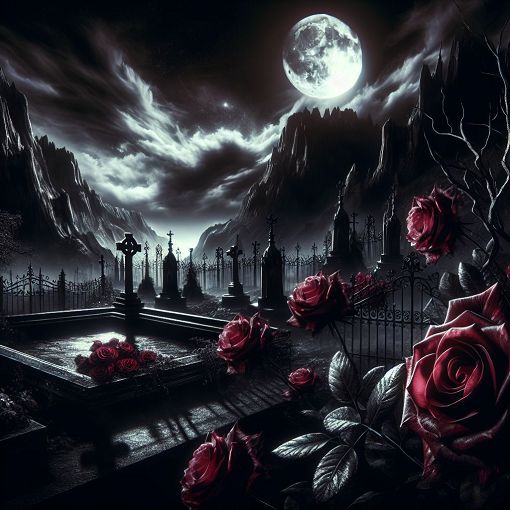 A dark, mystical scene showcasing a gothic vampire-themed setting, featuring elements like blood red roses, shadows, and a moonlit night to represent the different vampire traits and abilities.