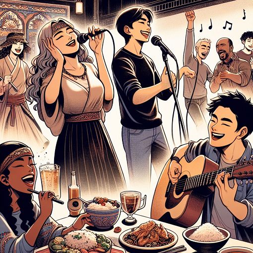 A vibrant illustration that represents the members of a fictional band called Let It Burn, showcasing diverse characters with unique personalities, engaging in various fun activities like singing, hanging out, and enjoying food.