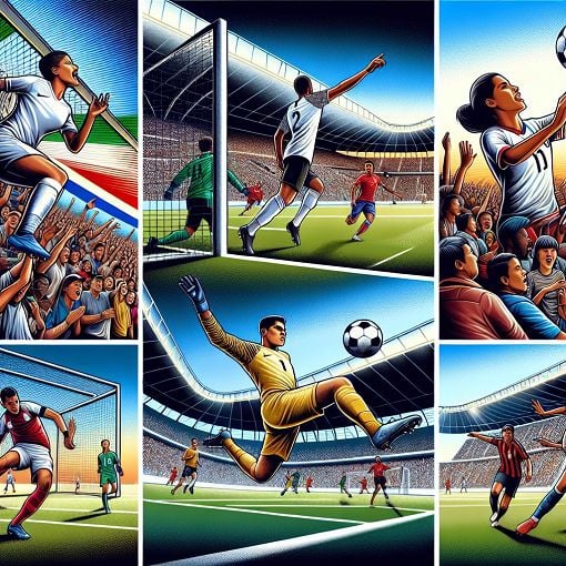 A vibrant illustration depicting iconic football moments, stadiums filled with cheering fans, and famous players in action, in a dynamic and engaging style.