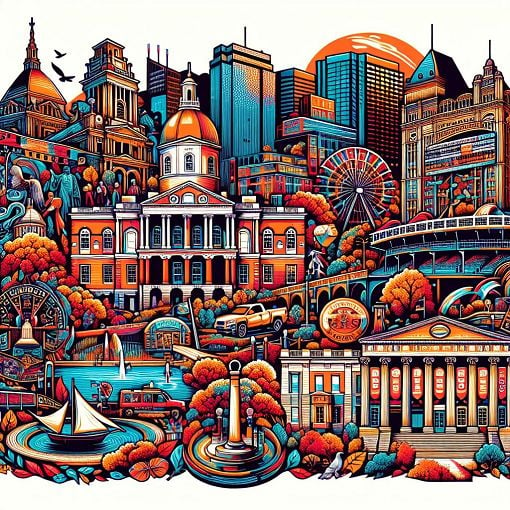 A colorful illustration showcasing iconic Boston landmarks like the Freedom Trail, Boston Common, and Fenway Park, with elements representing its rich history and culture.