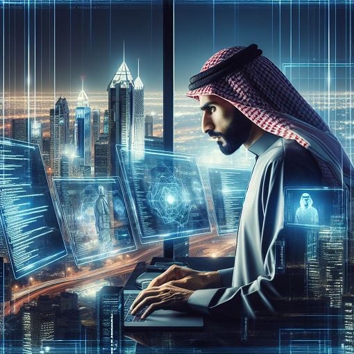 A digital illustration of a cybersecurity expert analyzing data on multiple screens, with a futuristic city skyline in the background, emphasizing the theme of cyber defense and technology.