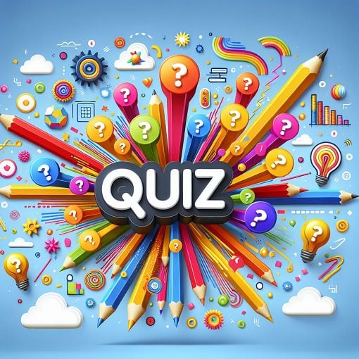 A vibrant and dynamic quiz environment with colorful questions and a playful design, featuring elements like pencils, thinking bubbles, and bright backgrounds.