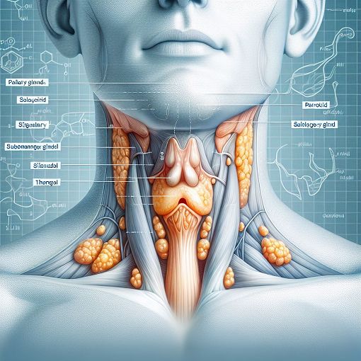 An anatomical diagram of the salivary glands in the human body, with labels for each gland including parotid, submandibular, and sublingual, set against a medical background.