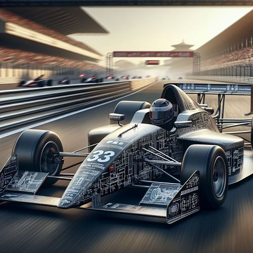 A dynamic scene depicting a Formula Student car on a racetrack, showcasing engineering elements like suspension systems, aerodynamic wing designs, and technical diagrams on the side.