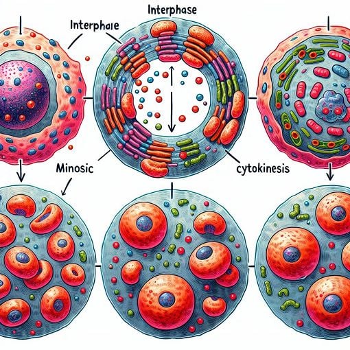 A vibrant illustration of the cell cycle, depicting interphase, mitosis, and cytokinesis with animated cells and chromosomes.