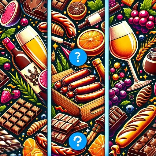 A vibrant and inviting quiz interface featuring various food items and drinks, like sausages, wine bottles, and chocolate bars, set against a colorful background.