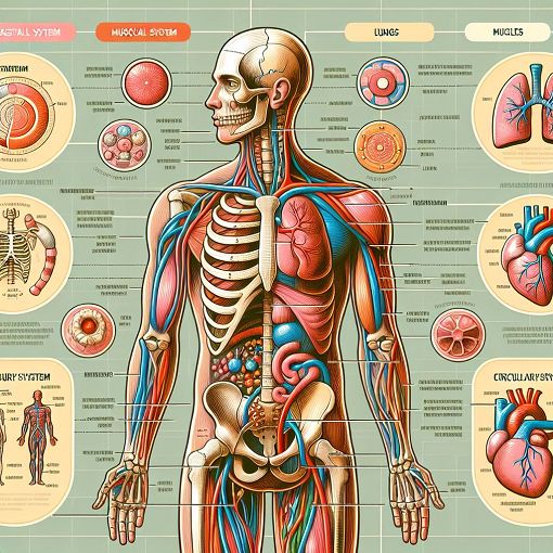 A colorful illustration of the human body with labeled systems and organs, featuring the skeletal, muscular, respiratory, and circulatory systems in an educational style.