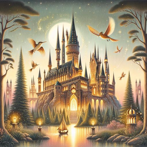 An enchanting depiction of Hogwarts castle at dusk with magical creatures like owls and a golden snitch flying around, illustrating the vibrant world of Harry Potter.