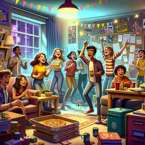 A lively student house party scene with young adults having fun, engaging in activities related to university life in a cozy dorm atmosphere, colorful lighting, and lively interactions.