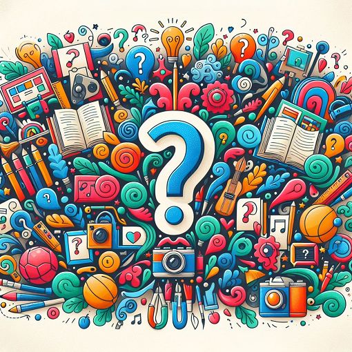 a colorful and engaging illustration of a fun quiz setup, featuring question marks and a variety of playful elements representing personal interests and hobbies