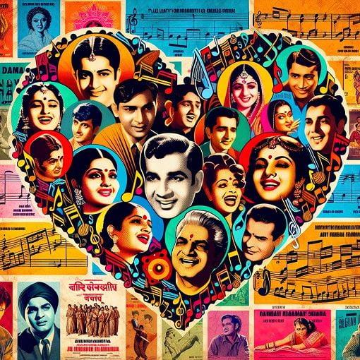 A vibrant collage of iconic Bollywood movie posters, featuring famous songs and singers, with musical notes and a colorful background that captures the essence of Hindi music culture.