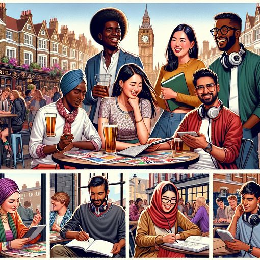 A vibrant illustration of a diverse group of students in London, each representing different lifestyles and personalities, with a lively pub setting in the background.