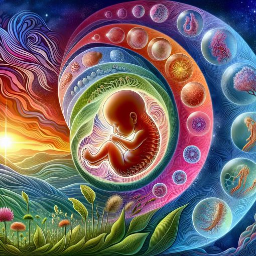 An artistic illustration of an embryo in various stages of development, showing cellular structures, layers like ectoderm, mesoderm, and endoderm, and a vibrant background of natural elements.