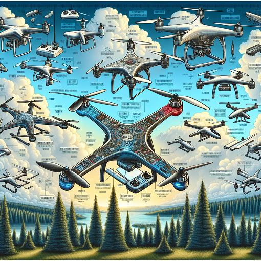 A detailed illustration of various types of drones, including quadcopters, hexacopters, and fixed-wing drones in a scenic outdoor setting, with technical labels for components and flight mechanics.