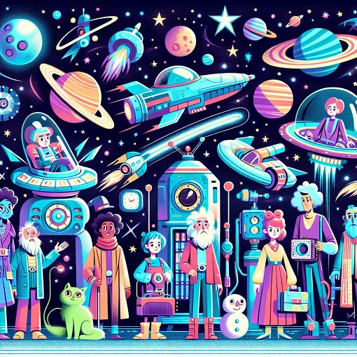 A colorful illustration of various Doctor Who characters set against a starry backdrop, showcasing a time machine, planets, and a whimsical flair.