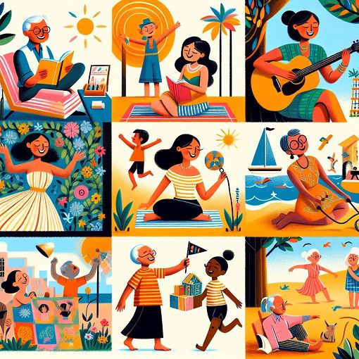 A whimsical and colorful illustration of various quirky characters enjoying different activities, capturing elements of fun, randomness, and personality traits.