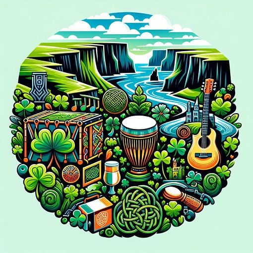 A vibrant and colorful illustration depicting elements of Irish culture, including landmarks like the Cliffs of Moher, traditional music instruments like the bodhrán, and symbols such as the shamrock and Celtic knots.