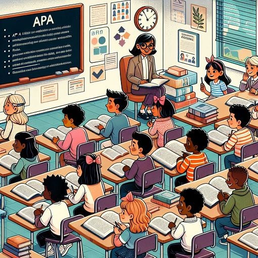 Create an educational-themed illustration depicting students learning about APA citation styles, with books, a chalkboard, and APAs visual elements in a classroom setting.