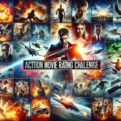 A visually striking collage of iconic action movie scenes featuring explosions, chase scenes, and heroic characters, with the title 'Action Movie Ratings Challenge' prominently displayed.