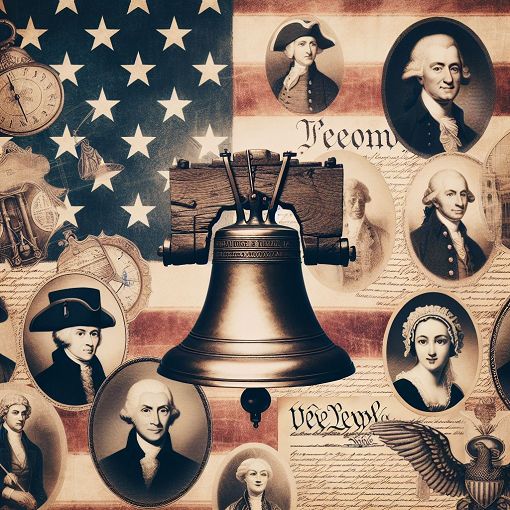 Create an image of a vintage American flag with portraits of U.S. Presidents in a collage style, incorporating symbols of freedom and democracy, like the Liberty Bell and the Constitution.