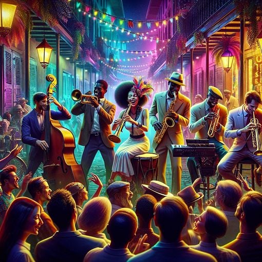 A vibrant jazz band performing in a lively New Orleans street, with musicians playing a saxophone, trumpet, and piano, surrounded by a diverse audience enjoying the music, colorful lights and decorations in the background.