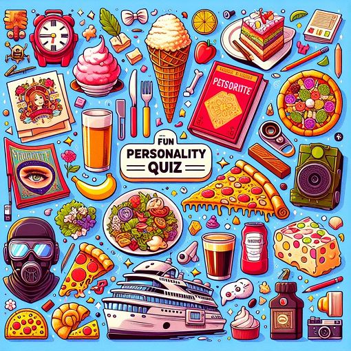 A vibrant, colorful illustration depicting various favorite things, like food, books, and TV shows, representing a fun personality quiz about preferences.