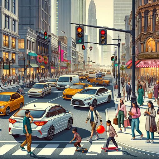 A busy city street scene with cars, pedestrians, and traffic lights, depicting urban driving scenarios.