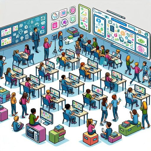 Create an illustration of a colorful classroom setting where students are learning about online safety and digital citizenship with computers and interactive screens.